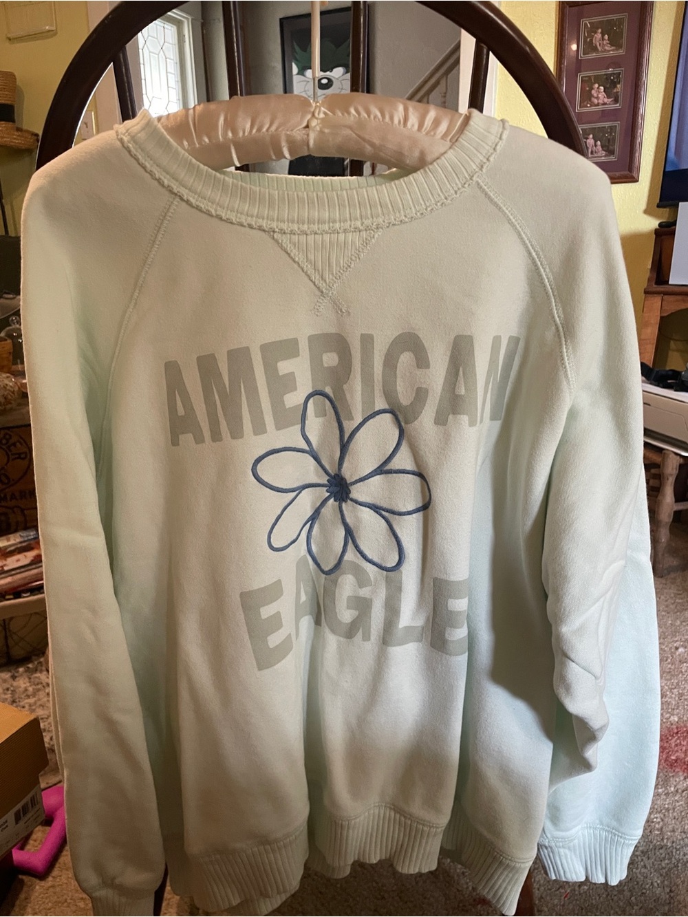 American Eagle Outfitters Mint Green Sweatshirt with Blue Flower Graphic